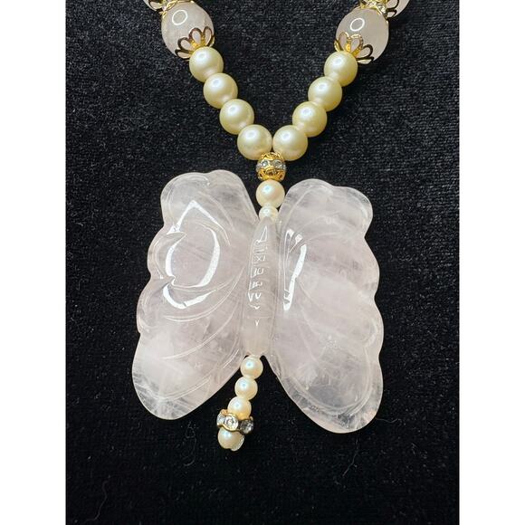 Vintage Rose Quartz Butterfly And Ivory Pearls Necklace - Picture 1 of 5